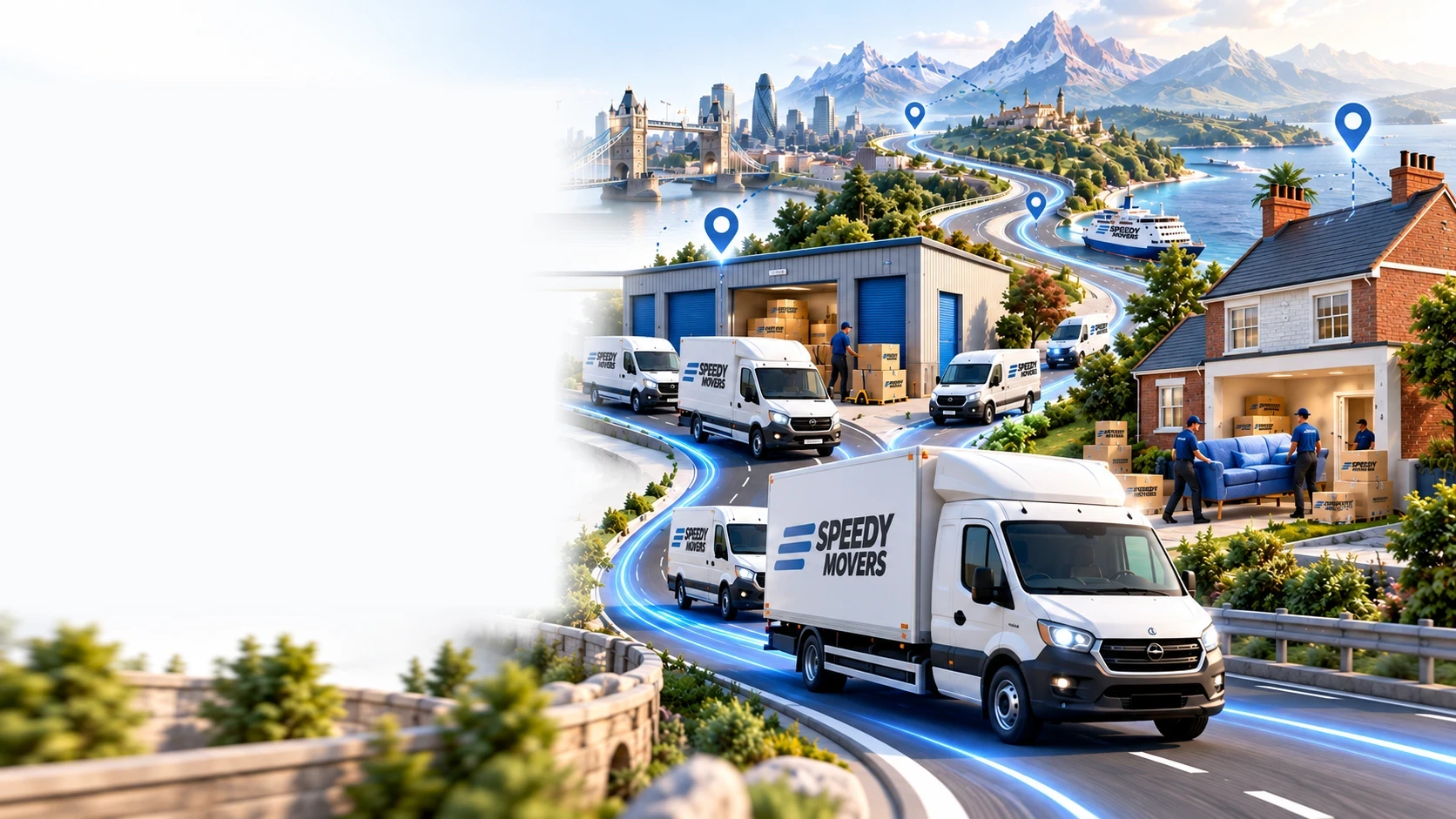 Speedy Movers vans on the road between a storage site, a family home and routes to London, the Highlands and Europe