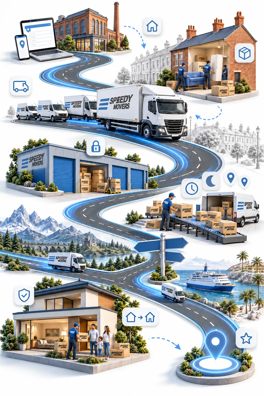 Illustrated map of the Speedy Movers process: quote, packing, the van fleet, storage, couriers, routes to Scotland and Spain, arrival at a new home and a destination marker.
